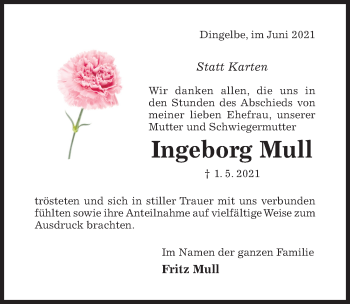 Traueranzeige von Ingeborg Mull von Hildesheimer Allgemeine Zeitung