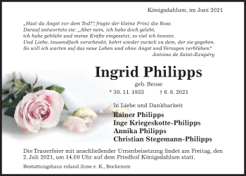 Traueranzeige von Ingrid Philipps von Hildesheimer Allgemeine Zeitung