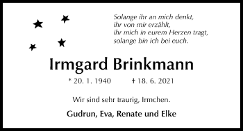 Traueranzeige von Irmgard Brinkmann von Hildesheimer Allgemeine Zeitung
