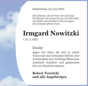 Traueranzeige von Irmgard Nowitzki von Hildesheimer Allgemeine Zeitung