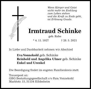 Traueranzeige von Irmtraud Schinke von Hildesheimer Allgemeine Zeitung