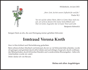 Traueranzeige von Irmtraud Verona Kreth von Hildesheimer Allgemeine Zeitung