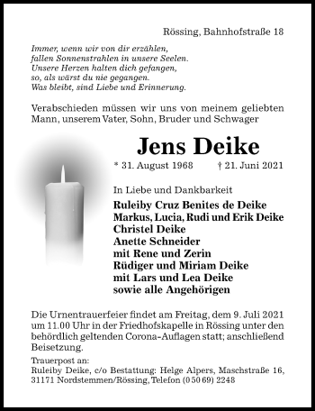 Traueranzeige von Jens Deike von Hildesheimer Allgemeine Zeitung