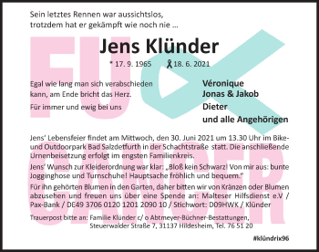 Traueranzeige von Jens Klünder von Hildesheimer Allgemeine Zeitung