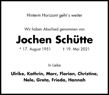 Traueranzeige von Jochen Schütte von Hildesheimer Allgemeine Zeitung