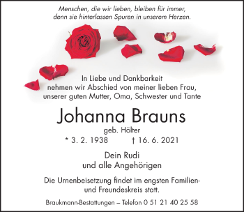 Traueranzeige von Johanna Brauns von Hildesheimer Allgemeine Zeitung
