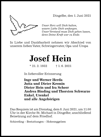 Traueranzeige von Josef Hein von Hildesheimer Allgemeine Zeitung