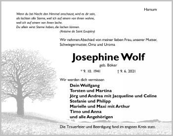 Traueranzeige von Josephine Wolf von Hildesheimer Allgemeine Zeitung