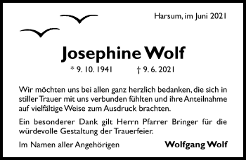 Traueranzeige von Josephine Wolf von Hildesheimer Allgemeine Zeitung