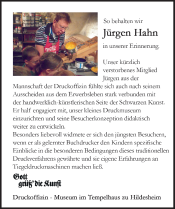 Traueranzeige von Jürgen Hahn von Hildesheimer Allgemeine Zeitung