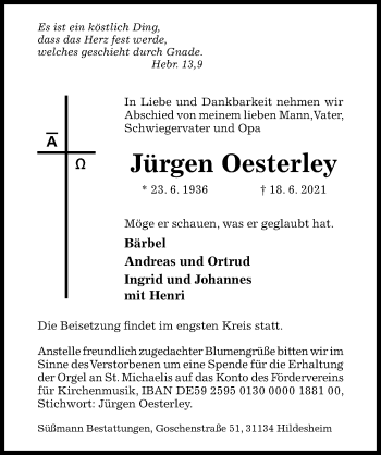 Traueranzeige von Jürgen Oesterley von Hildesheimer Allgemeine Zeitung