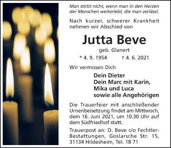 Traueranzeige von Jutta Beve von Hildesheimer Allgemeine Zeitung
