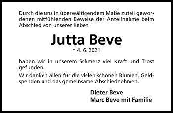 Traueranzeige von Jutta Beve von Hildesheimer Allgemeine Zeitung
