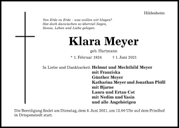 Traueranzeige von Klara Meyer von Hildesheimer Allgemeine Zeitung