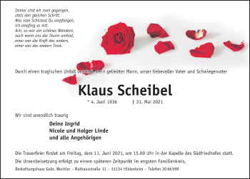 Traueranzeige von Klaus Scheibel von Hildesheimer Allgemeine Zeitung