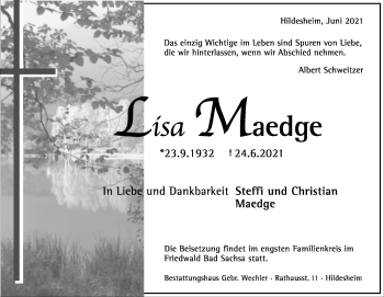 Traueranzeige von Lisa Maedge von Hildesheimer Allgemeine Zeitung