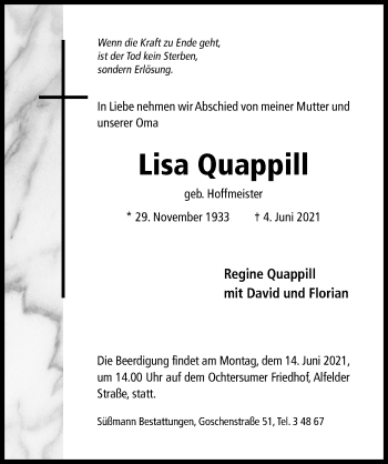 Traueranzeige von Lisa Quappill von Hildesheimer Allgemeine Zeitung