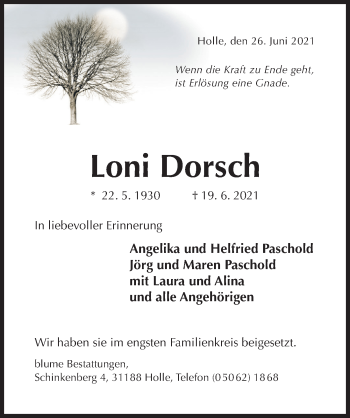 Traueranzeige von Loni Dorsch von Hildesheimer Allgemeine Zeitung