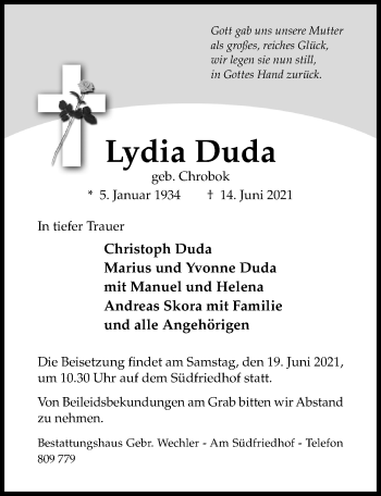 Traueranzeige von Lydia Duda von Hildesheimer Allgemeine Zeitung
