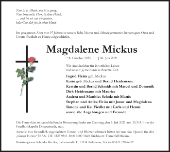 Traueranzeige von Magdalene Mickus von Hildesheimer Allgemeine Zeitung