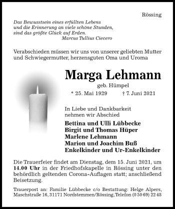 Traueranzeige von Marga Lehmann von Hildesheimer Allgemeine Zeitung