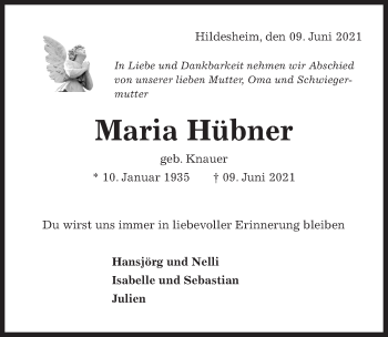 Traueranzeige von Maria Hübner von Hildesheimer Allgemeine Zeitung