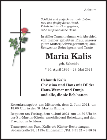 Traueranzeige von Maria Kalis von Hildesheimer Allgemeine Zeitung