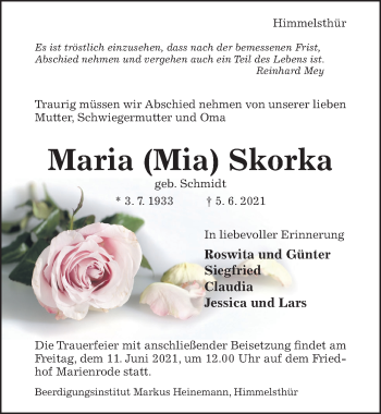 Traueranzeige von Maria Skorka von Hildesheimer Allgemeine Zeitung