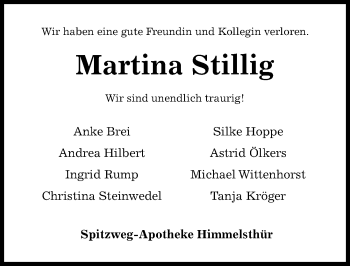 Traueranzeige von Martina Stillig von Hildesheimer Allgemeine Zeitung