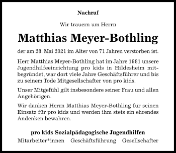 Traueranzeige von Matthias Meyer-Bothling von Hildesheimer Allgemeine Zeitung