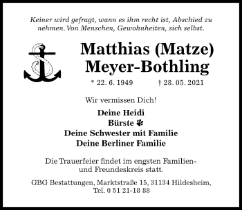Traueranzeige von Matthias Meyer-Bothling von Hildesheimer Allgemeine Zeitung