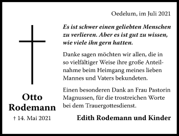Traueranzeige von Otto Rodemann von Hildesheimer Allgemeine Zeitung