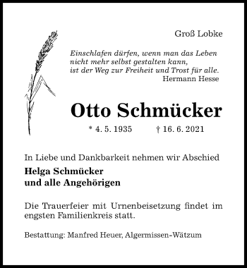 Traueranzeige von Otto Schmücker von Hildesheimer Allgemeine Zeitung