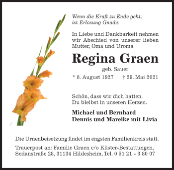 Traueranzeige von Regina Graen von Hildesheimer Allgemeine Zeitung