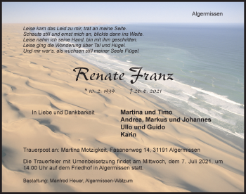 Traueranzeige von Renate Franz von Hildesheimer Allgemeine Zeitung
