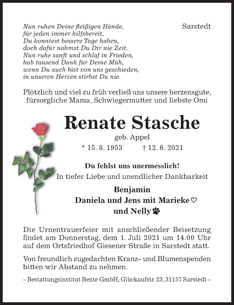  Traueranzeige für Renate Stasche vom 19.06.2021 aus Hildesheimer Allgemeine Zeitung