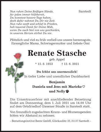 Traueranzeige von Renate Stasche von Hildesheimer Allgemeine Zeitung