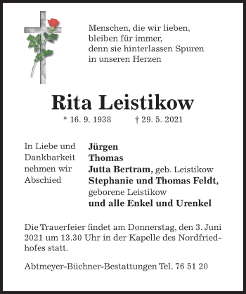 Traueranzeige von Rita Leistikow von Hildesheimer Allgemeine Zeitung