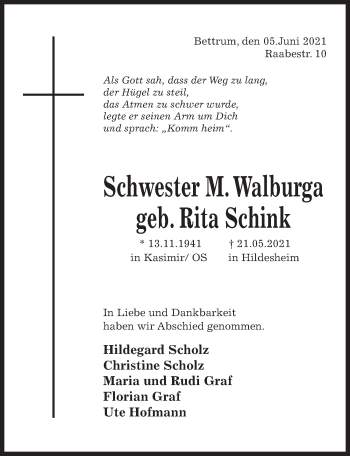 Traueranzeige von Rita Schink von Hildesheimer Allgemeine Zeitung