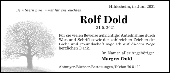 Traueranzeige von Rolf Dold von Hildesheimer Allgemeine Zeitung