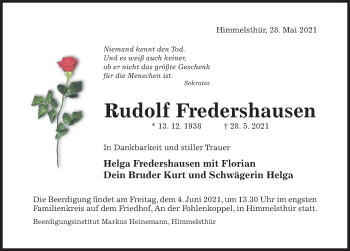 Traueranzeige von Rudolf Fredershausen von Hildesheimer Allgemeine Zeitung