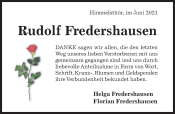 Traueranzeige von Rudolf Fredershausen von Hildesheimer Allgemeine Zeitung