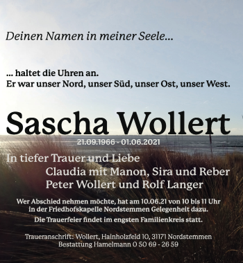 Traueranzeige von Sascha Wollert von Hildesheimer Allgemeine Zeitung