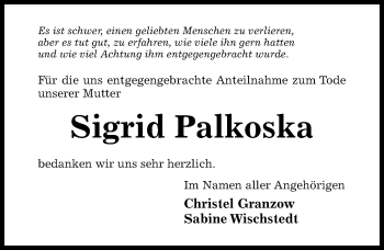 Traueranzeige von Sigrid Palkoska von Hildesheimer Allgemeine Zeitung