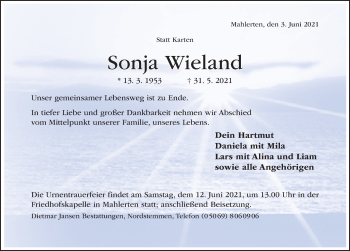 Traueranzeige von Sonja Wieland von Hildesheimer Allgemeine Zeitung