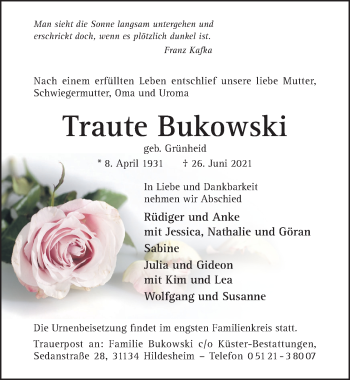 Traueranzeige von Traute Bukowski von Hildesheimer Allgemeine Zeitung