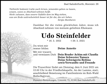 Traueranzeige von Udo Steinfelder von Hildesheimer Allgemeine Zeitung
