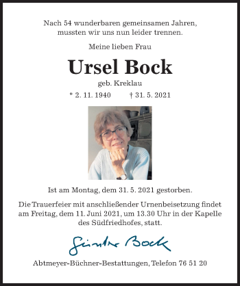 Traueranzeige von Ursel Bock von Hildesheimer Allgemeine Zeitung