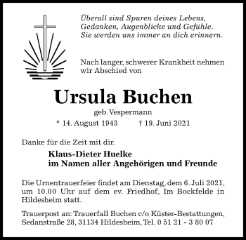 Traueranzeige von Ursula Buchen von Hildesheimer Allgemeine Zeitung