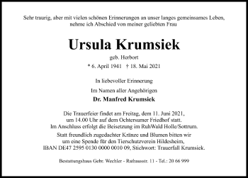 Traueranzeige von Ursula Krumsiek von Hildesheimer Allgemeine Zeitung